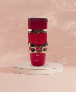 Lattafa Yara Candy parfumuotas elegantiškas buteliukas su auksinėmis detalėmis, vaisių, gėlių ir vanilės kvapas