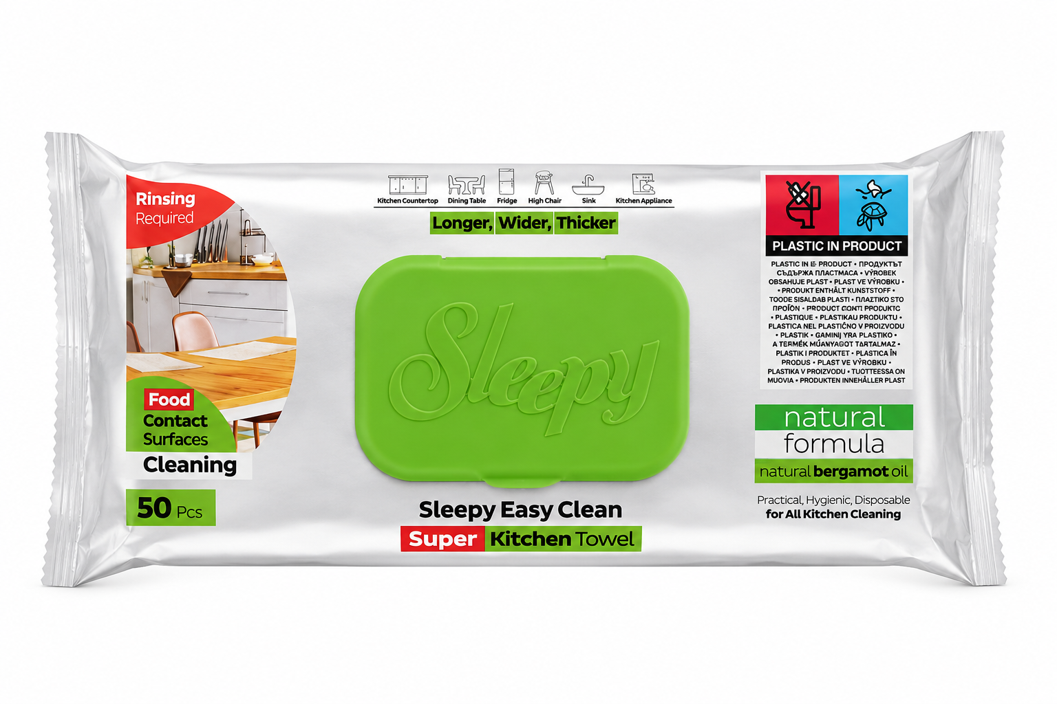 Sleepy Easy Clean Super Kitchen Towel virtuvės valymo servetėlės su bergamočių aliejumi, 50 vnt.