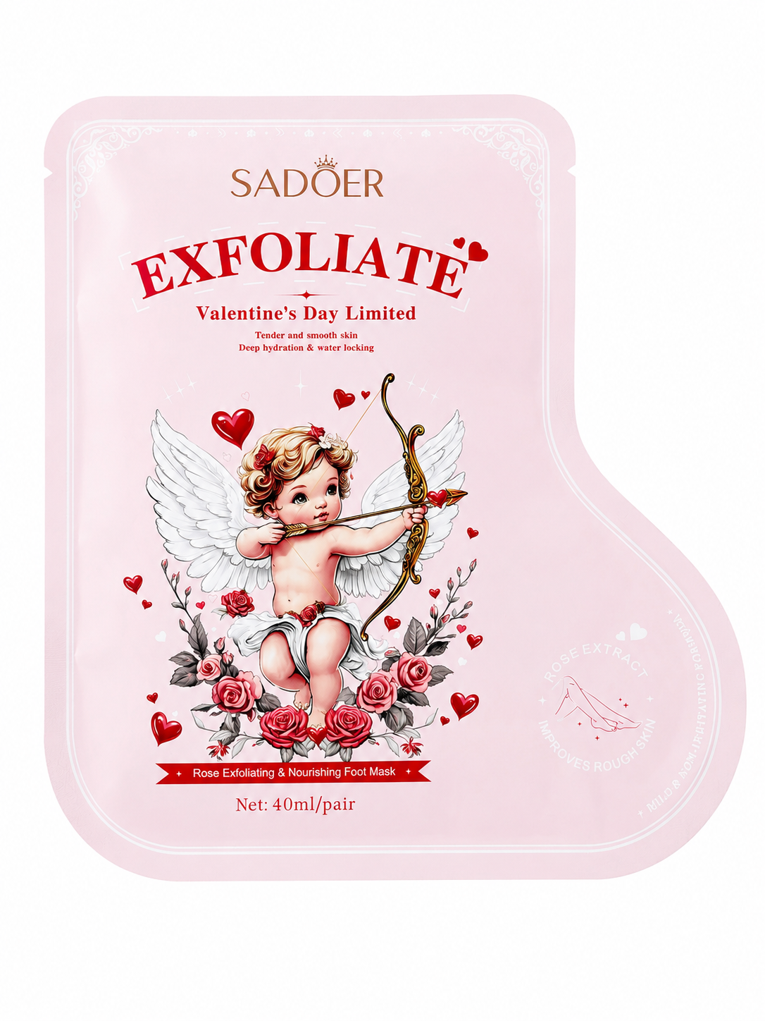 SADOER Rose Exfoliating & Nourishing Foot Mask – šveičiamoji ir maitinamoji pėdų kaukė su rožių ekstraktu (40 ml / 1 pora)