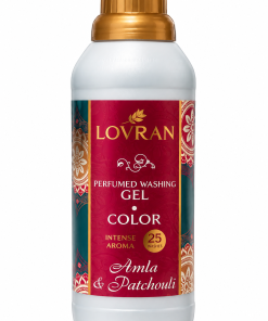 LOVRAN Color Amla & Patchouli parfumuotas skalbimo gelis spalvotiems audiniams, 1 litro pakuotė su auksiniu dangteliu.