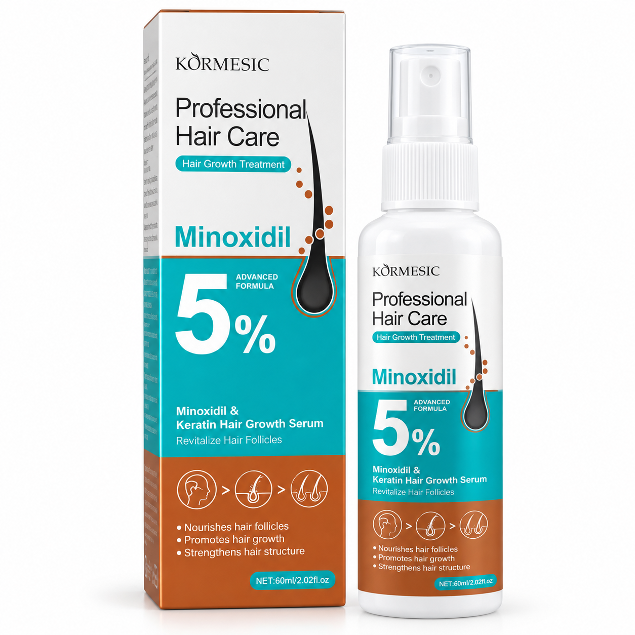 KORMESIC 5% Minoxidil & Keratin plaukų ir galvos odos serumas