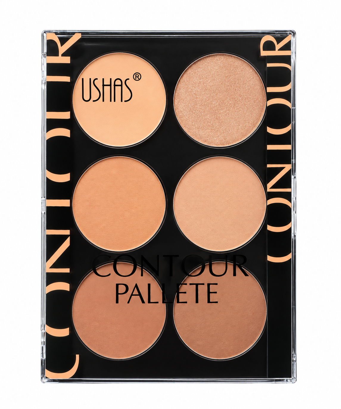USHAS Contour Palette 6 spalvų veido kontūravimo paletė su matiniais ir švytinčiais atspalviais, 19 g.